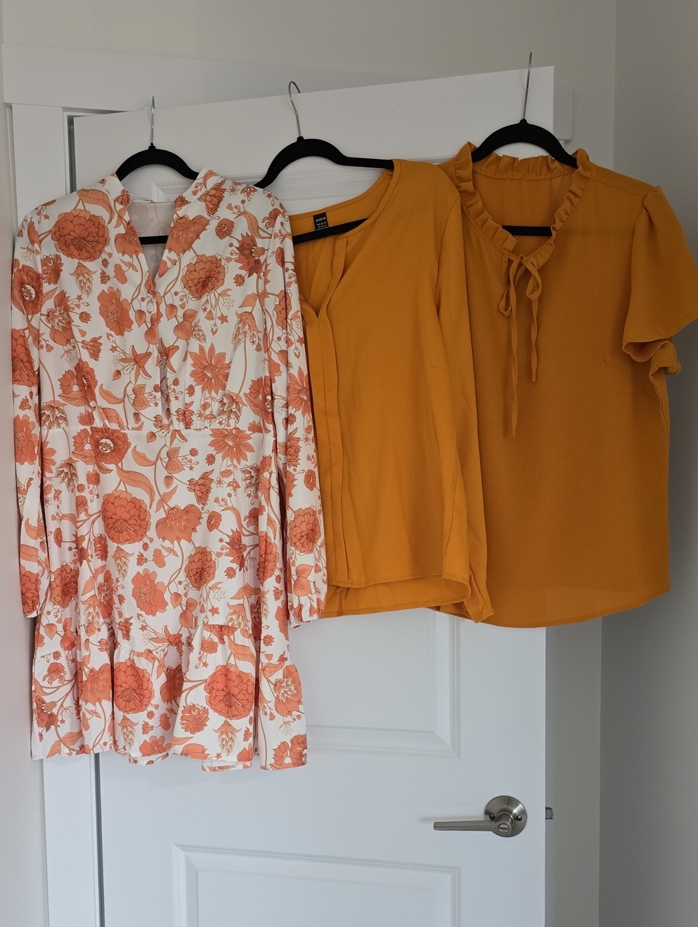 XL Long Sleeve Floral Orange and Cream Dress + 2 Mustard Blouses